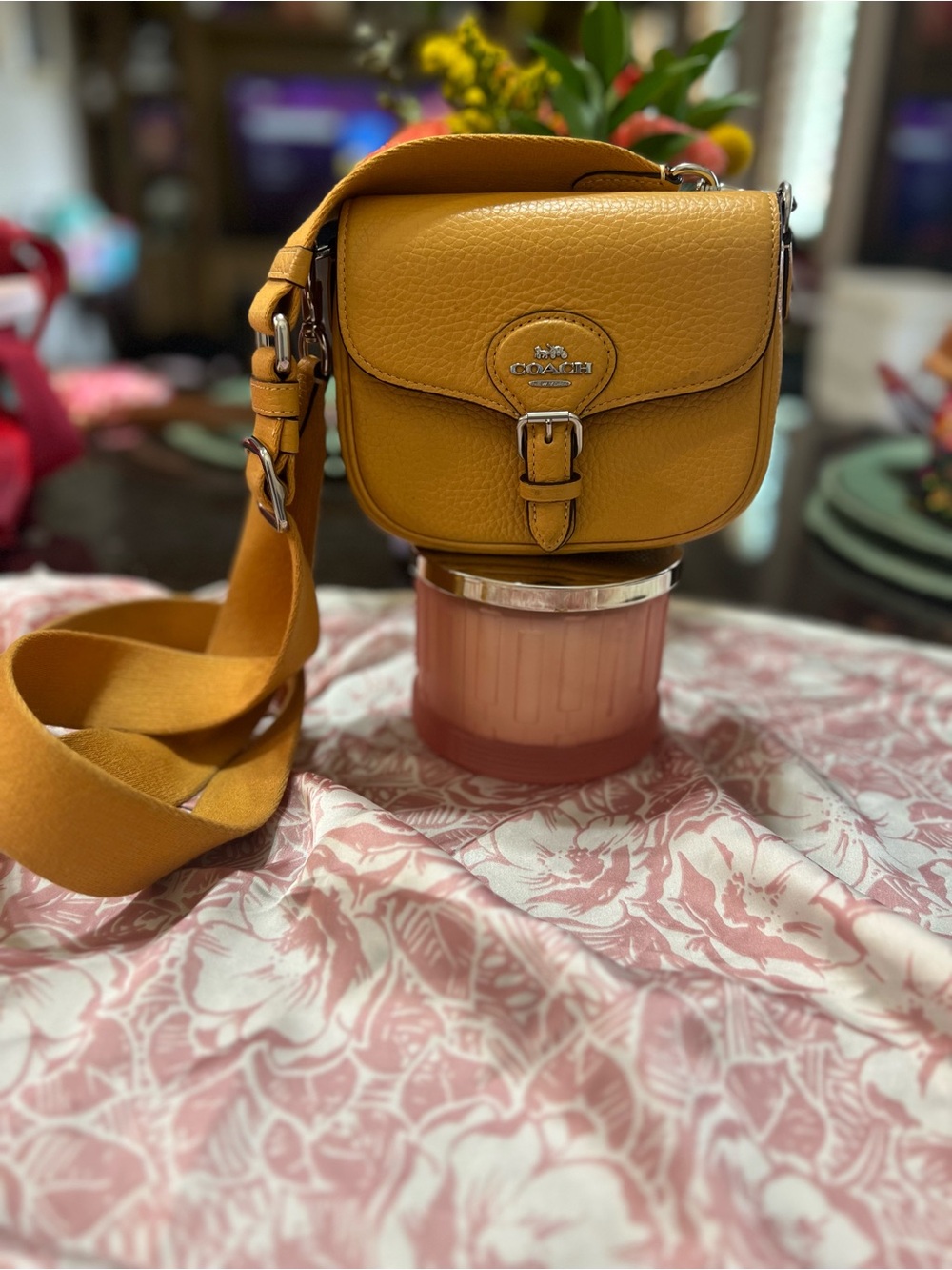 Coach Mustard Pebbled Leather Crossbody with Wide Strap